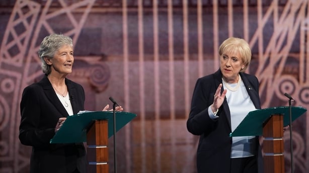 Independent candidate Catherine Connolly (left) and Fine Gael candidate Heather Humphreys take part in the final debate of the Irish presidential election campaign at the RTE studios in Donnybrook, Dublin. Picture date: Tuesday October 21, 2025.