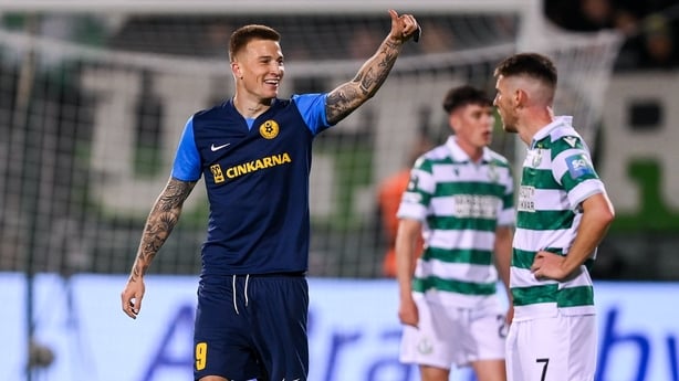Franko Kovačević of Celje celebrates after scoring his side's first goal during the UEFA Conference League 2025/26 league phase match between Shamrock Rovers and Celje at Tallaght Stadium in Dublin.