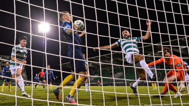 23 October 2025; Franko Kovačević of Celje scores his side's second goal during the UEFA Conference League 2025/26 league phase match between Shamrock Rovers and Celje at Tallaght Stadium in Dublin. Photo by Seb Daly/Sportsfile