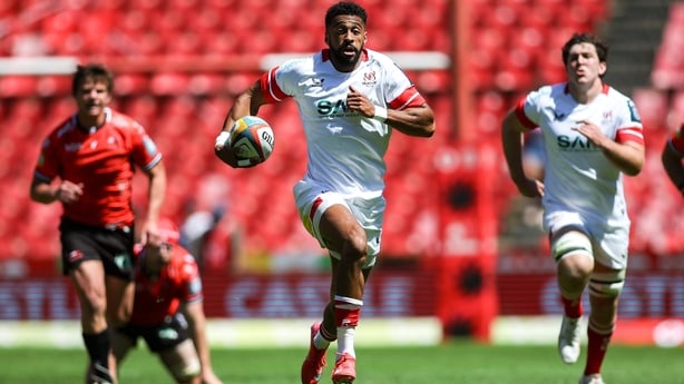 25 October 2025; Robert Baloucoune of Ulster heads for the try line to score Ulster's first try during the United Rugby Championship match between Emirates Lions and Ulster at Emirates Airline Park in Johannesburg, South Africa. Photo by Shaun Roy/Sportsfile