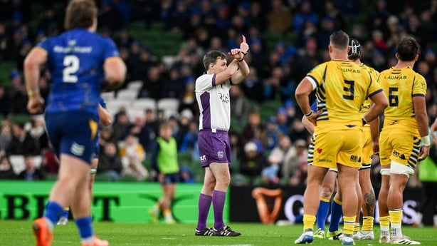 25 October 2025; Referee Ian Kenny signals a 20-minute red card for Andrew Osborne of Leinster during the United Rugby Championship match between Leinster and Zebre Parma at the Aviva Stadium in Dublin. Photo by Brendan Moran/Sportsfile