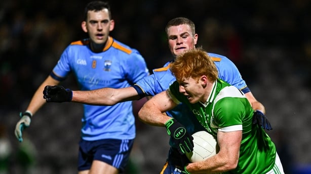 25 October 2025; Peter Cooke of Maigh Cuilinn in action against Charlie Power of Salthill-Knocknacarra during the Galway County Senior Club Football Championship final match between Maigh Cuilinn and Salthill-Knocknacarra at Pearse Stadium in Galway. Photo by Tyler Miller/Sportsfile