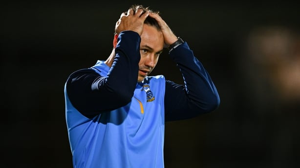 25 October 2025; Salthill-Knocknacarra manager Finian Hanley reacts during the Galway County Senior Club Football Championship final match between Maigh Cuilinn and Salthill-Knocknacarra at Pearse Stadium in Galway. Photo by Tyler Miller/Sportsfile