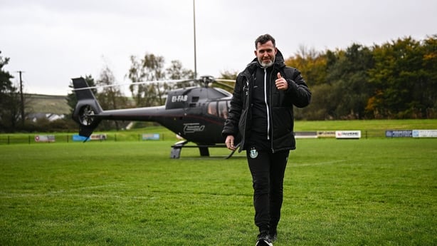 26 October 2025; Shamrock Rovers manager Stephen Bradley arrives, via helicopter after running the Dublin Marathon today, at City of Derry Rugby Football Club before the SSE Airtricity Men's Premier Division match between Derry City and Shamrock Rovers at The Ryan McBride Brandywell Stadium in Derry