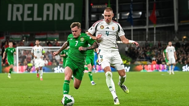 6 September 2025; Sammie Szmodics of Republic of Ireland in action against Attila Szalai of Hungary during the FIFA World Cup 2026 Group F qualifying match between Republic of Ireland and Hungary at the Aviva Stadium in Dublin. Photo by Stephen McCarthy/Sportsfile