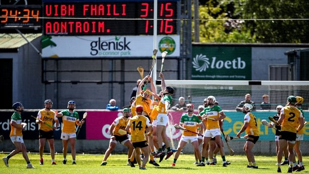 25 May 2025; Cormac McKeown of Antrim contests a high ball with Cathal King of Offaly during the Leinster GAA Hurling Senior Championship Round 5 match between Offaly and Antrim at Glenisk O'Connor Park in Tullamore, Offaly. Photo by Michael P Ryan/Sportsfile