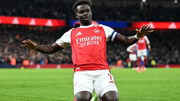 LONDON, ENGLAND - OCTOBER 29: Bukayo Saka of Arsenal celebrates scoring his team's second goal during the Carabao Cup Fourth Round match between Arsenal and Brighton & Hove Albion at Emirates Stadium on October 29, 2025 in London, England. (Photo by Stuart MacFarlane/Arsenal FC via Getty Images)