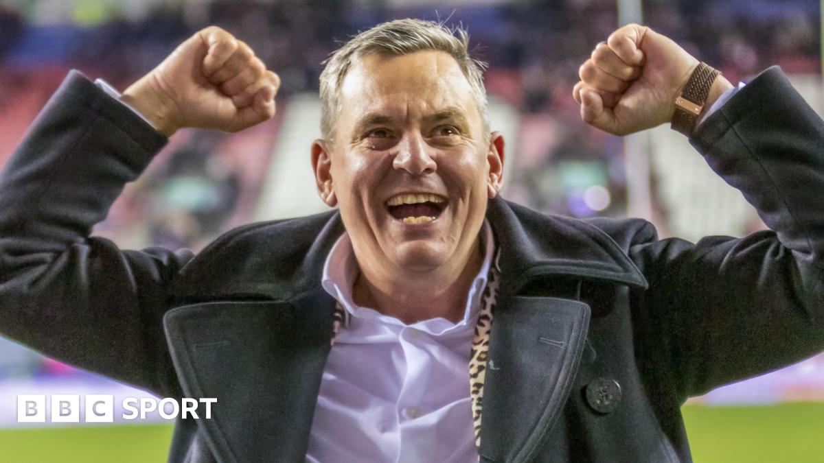 Leigh Leopards owner Derek Beaumont celebrating after beating Wigan Warriors earlier this season