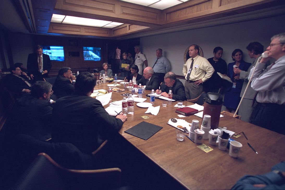 Vice President Dick Cheney with senior staff members in the Presidential Emergency Operations Center on September 11, 2001.