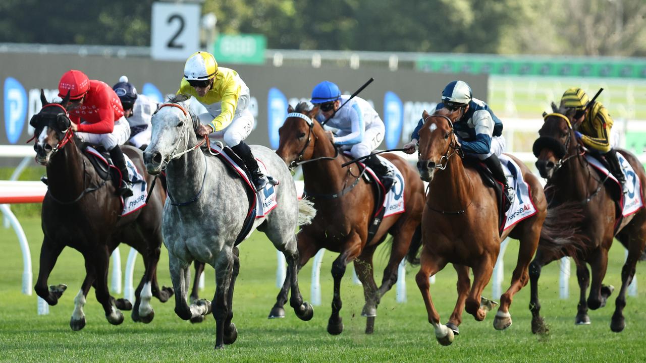 Briasa strides clear to win the Premiere Stakes at Randwick on Saturday. Photo: Jeremy Ng/Getty Images.