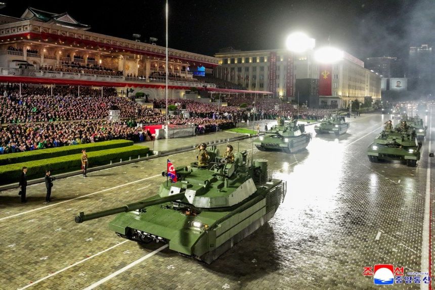 New tanks are displayed during a North Korean military parade to mark the 80th founding anniversary of its Worker's Party of Korea on October 10, 2025.