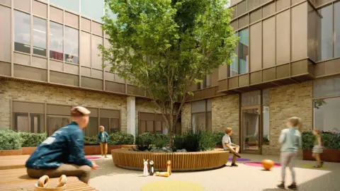 TODD Architects Shows an architects's impression of children playing in a courtyard with toys and a tree in the middle