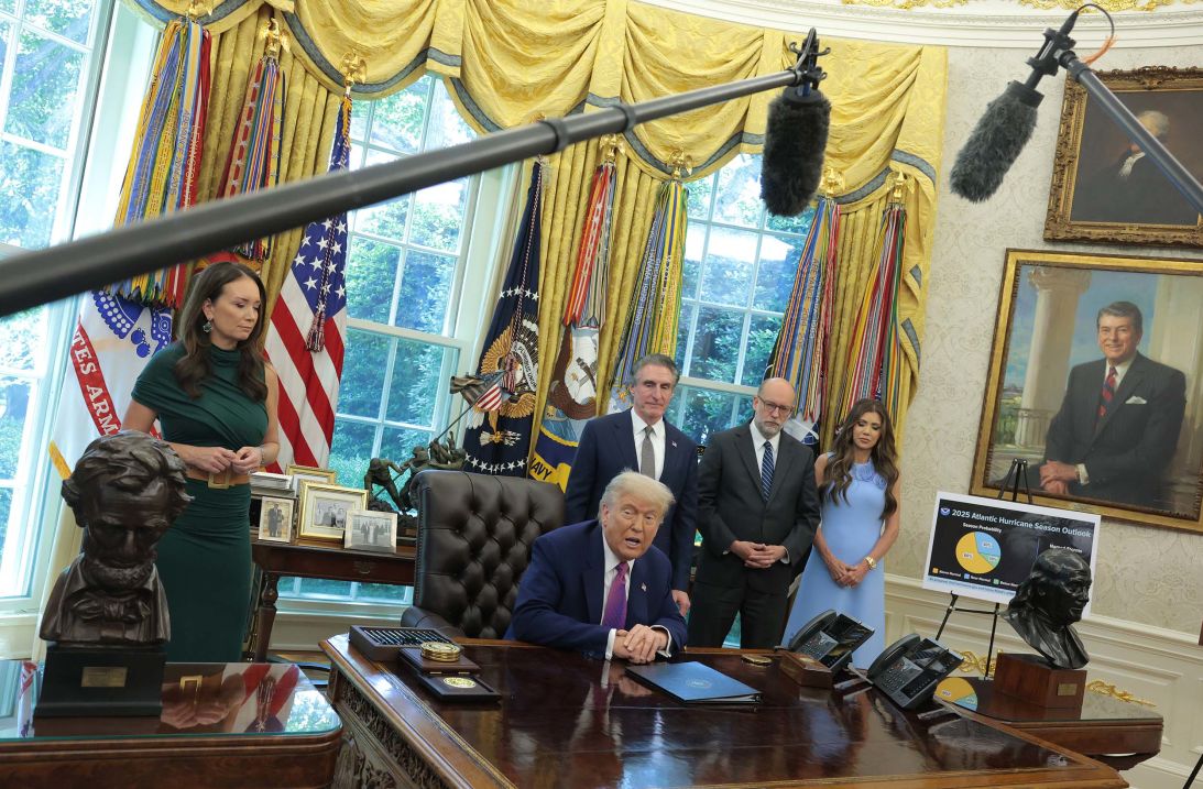 President Donald Trump is joined by Agriculture Secretary Brooke Rollins, Interior Secretary Doug Burgum, Director of the Office of Management and Budget Russell Vought and Secretary of Homeland Security Kristi Noem in the Oval Office on June 10.