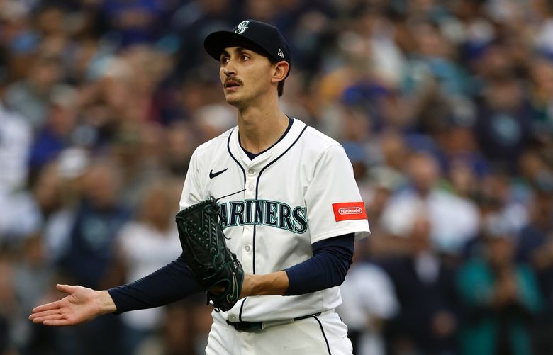 Seattle Mariners pitcher George Kirby (68) reacts after striking out Detroit Tigers Spencer Torkelson in the first inning as the Detroit Tigers played the Seattle Mariners in Game 1 of the ALDS Saturday, October. 4, 2025 at T-Mobile Park, in Seattle, WA.