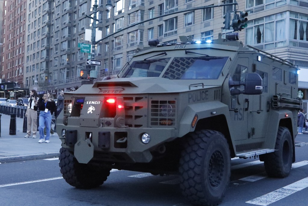 Homeland security brought in an armored vehicle to Canal Street while people protested immigration arrests