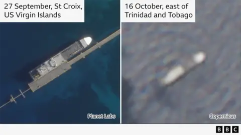 Two satellite images side by side. The one on the left shows a ship docked in the US Virgin Islands, the one on the right appears to show the same ship outline off  Trinidad and Tobago. 