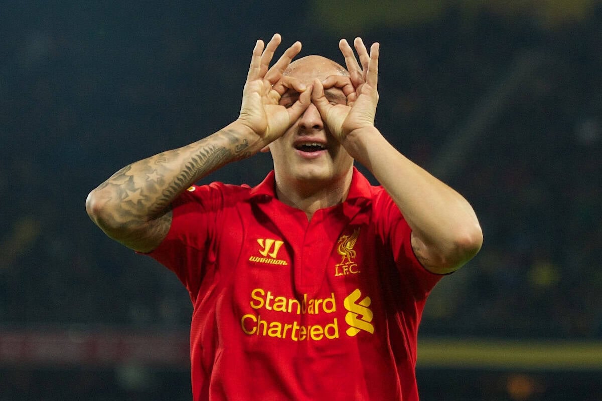 BERNE, SWITZERLAND - Thursday, September 20, 2012: Liverpool's Jonjo Shelvey celebrates scoring the fifth goal against BSC Young Boys during the UEFA Europa League Group A match at the Wankdorf Stadion. (Pic by David Rawcliffe/Propaganda)