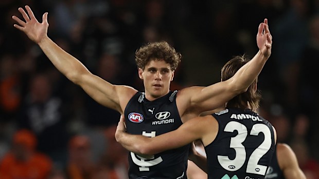 Charlie Curnow celebrates a goal.