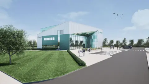 Global The HQ is a modern, box shaped with sloping roofs and glass front. The building is set in a green space. There are people walking near the building.