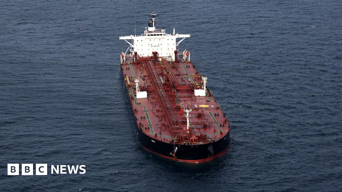 An aerial view shows the oil tanker Boracay off the coast of Saint-Nazaire