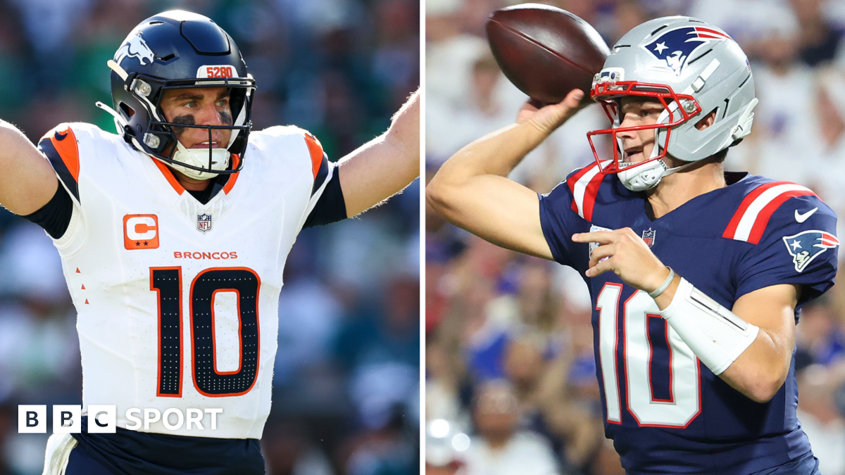 Bo Nix of the Denver Broncos and Drake Maye of the New England Patriots in action during Sunday's NFL games