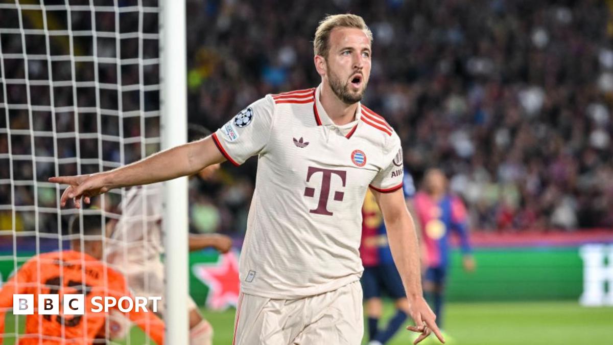 Harry Kane celebrates scoring for Bayern Munich against Barcelona in October 2024