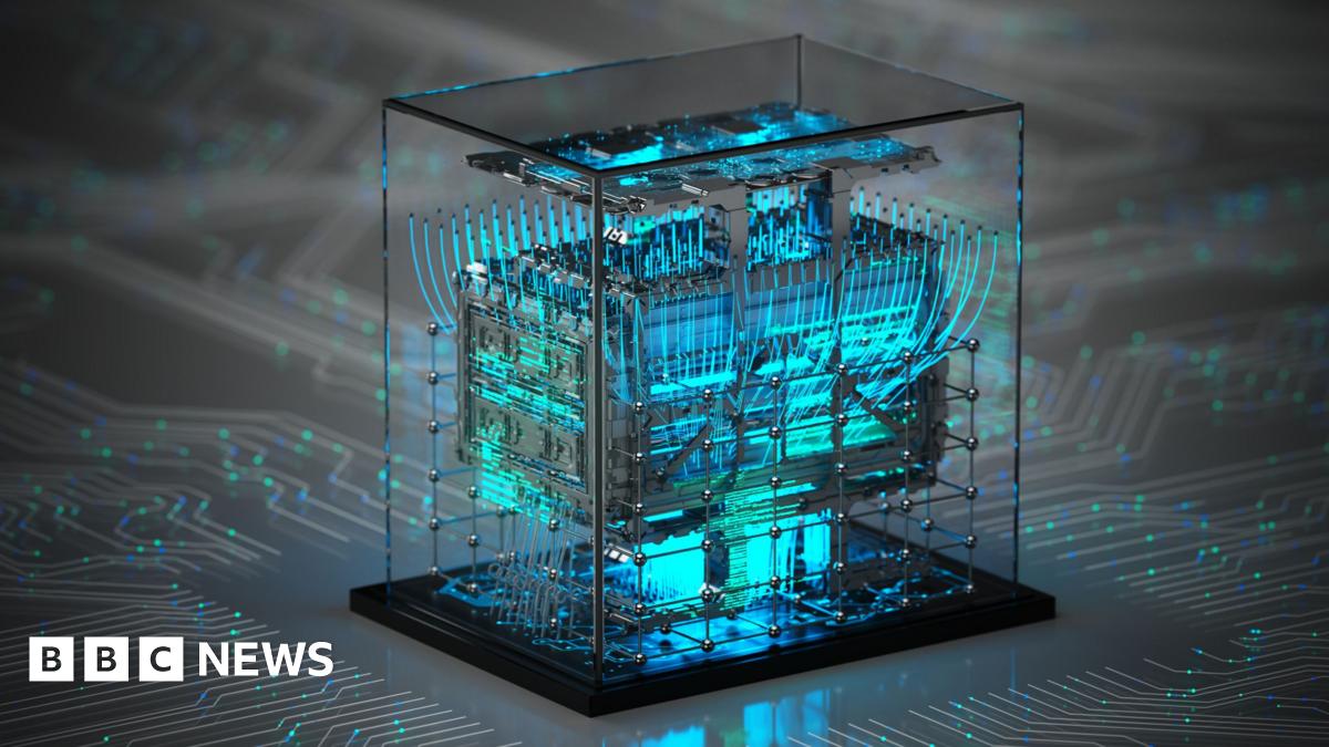 A blue and green image referring to quantum computing