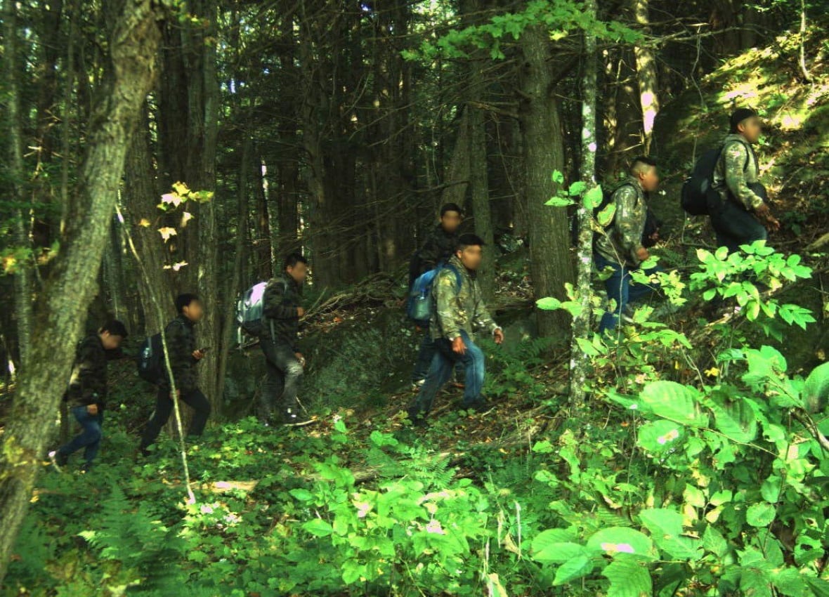 Seven people with blurred faces walk through a wooded area.
