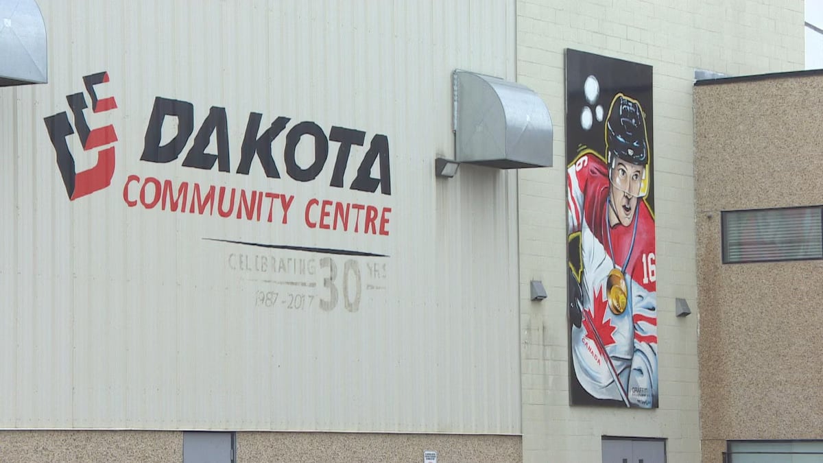 The exterior of a building shows a mural of a hockey player and lettering reading "Dakota Community Centre."