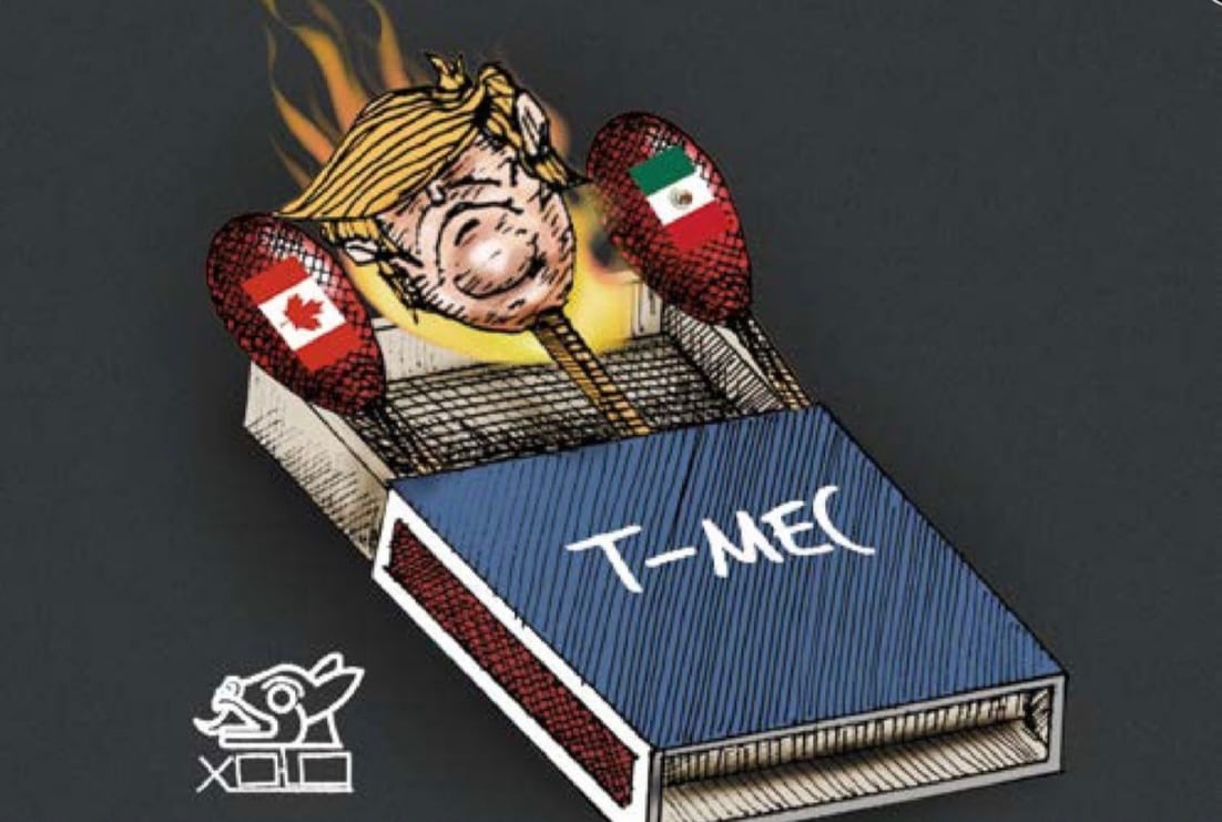 An image of a matchobox with three matches. The match in the middle has the hair of Donald Trump, the matches to its right and left have the flags of Mexico and Canada.