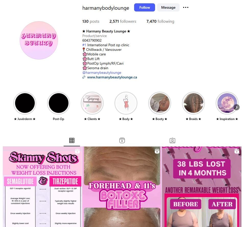  pink Instagram grid showing before and after photos of services.