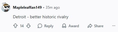 Reddit post - user wants Detroit to play Toronto because of historic rivalry