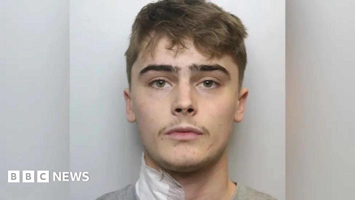 A police mugshot of a young man with slightly untidy brown hair and a very short moustache. He is looking straight into the camera.