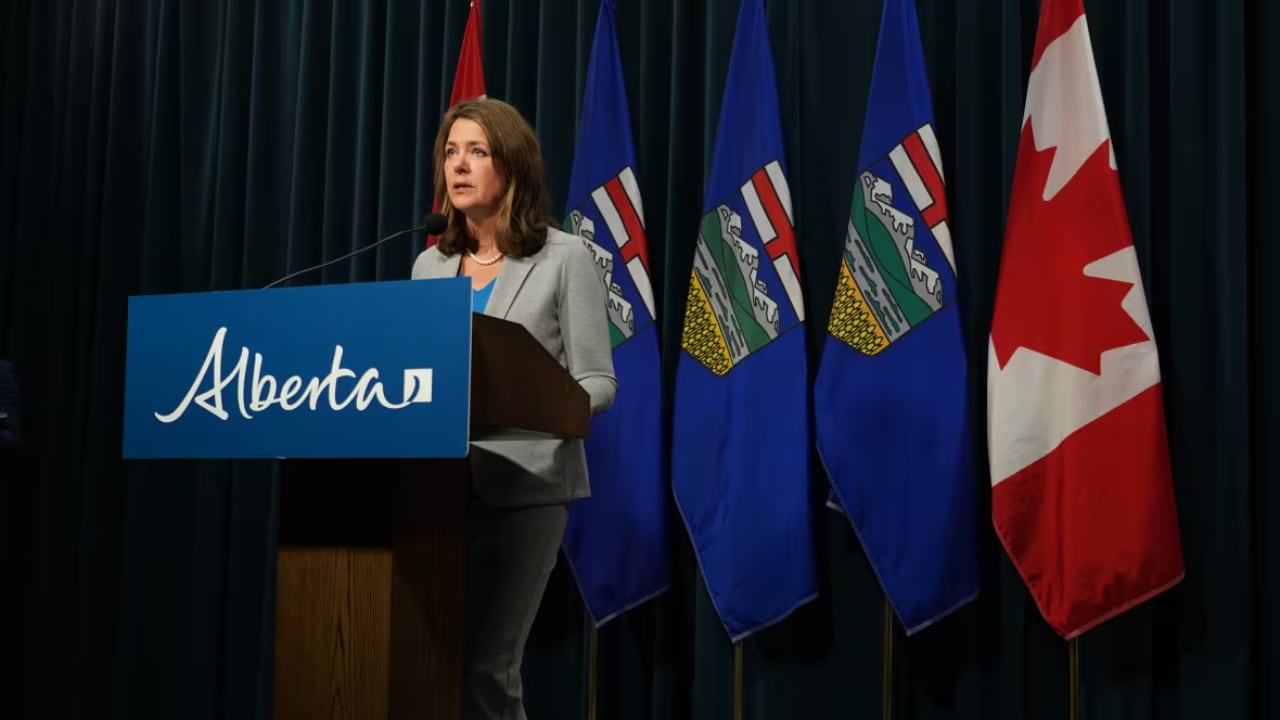 Alberta Premier Danielle Smith speaks to media