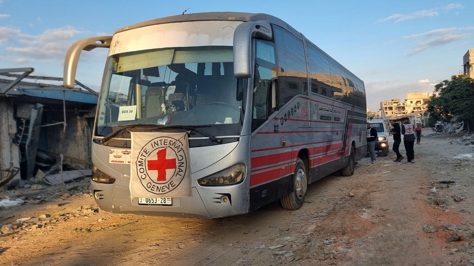 Red Cross vehicles and buses in Khan Younis, southern Gaza Strip. Pic: AP