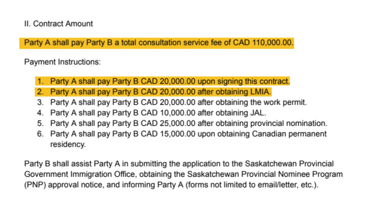 A contract detailing payments totalling $110,000.
