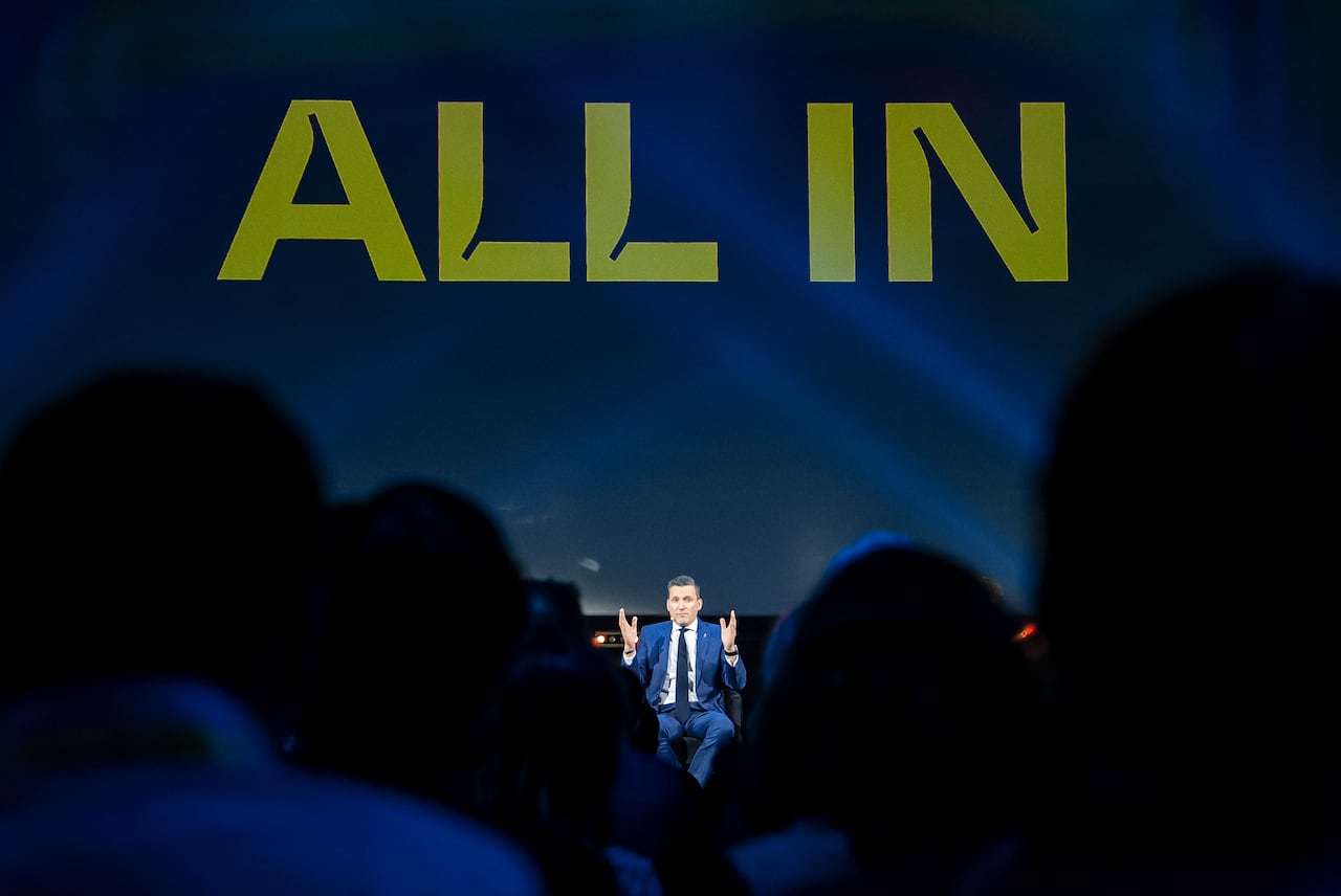 Minister of Artificial Intelligence and Digital Innovation Evan Solomon gives remarks during the All In AI conference in Montreal on Thursday, Sept., 25, 2025.  THE CANADIAN PRESS/Christopher Katsarov