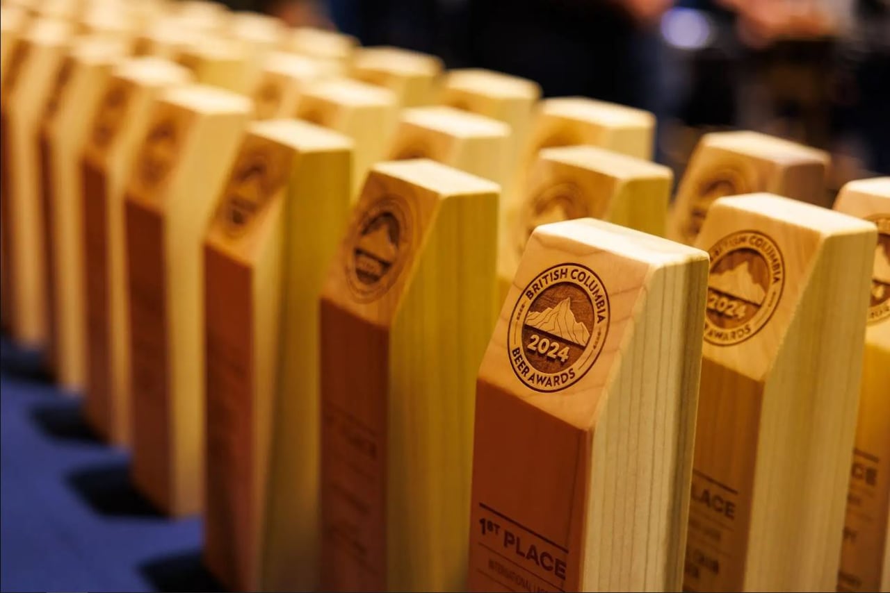 A row of wooden trophies