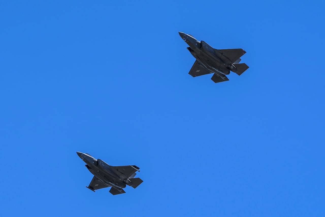 Two F-35 Lightning fighter aircraft participate in a flypast celebrating the RCAF centennial, on Canada Day, on Monday, July 1, 2024.
