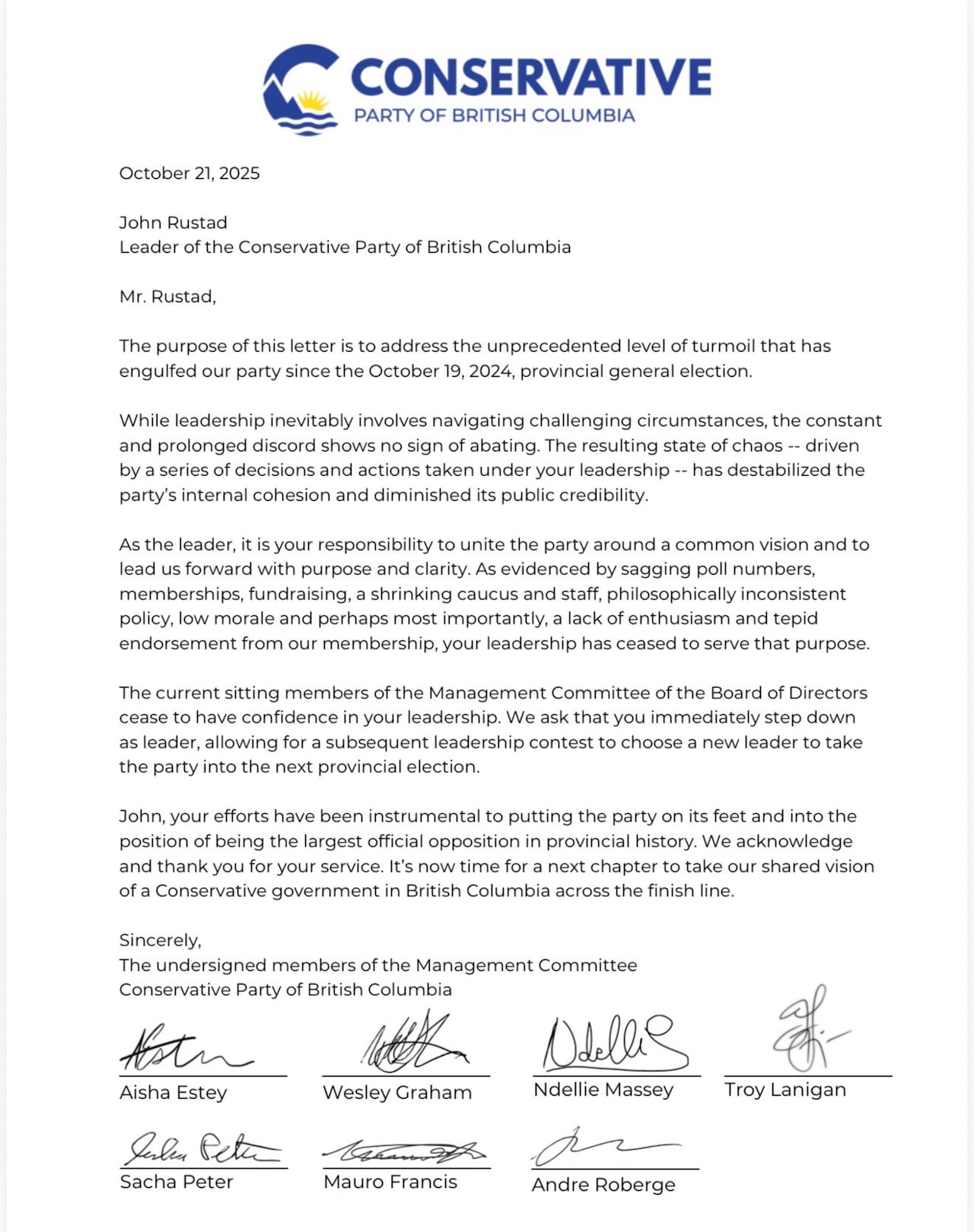 A letter from the BC Conservative management committee calling on John Rustad to resign 