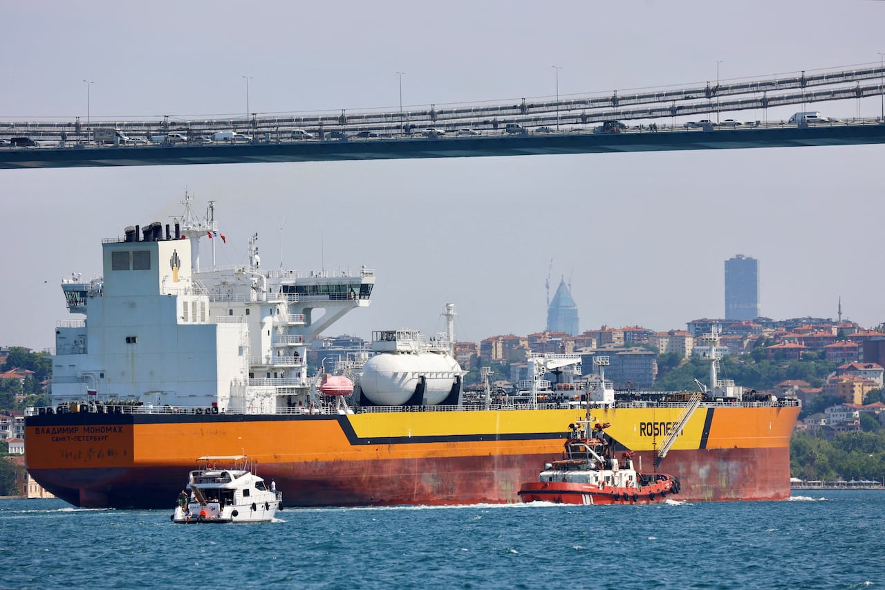osneft's Russian-flagged crude oil tanker Vladimir Monomakh transits the Bosphorus in Istanbul on July 6, 2023. Russia's seaborne crude exports to India and China surged in the wake of its invasion of Ukraine. 