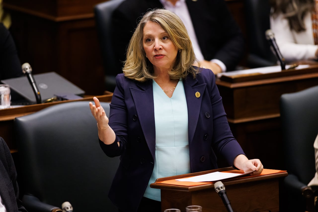 NDP Leader and MPP Marit Stiles speaks during Question Period at Queen's Park in Toronto on Tuesday, May 13, 2025. THE CANADIAN PRESS/Cole Burston