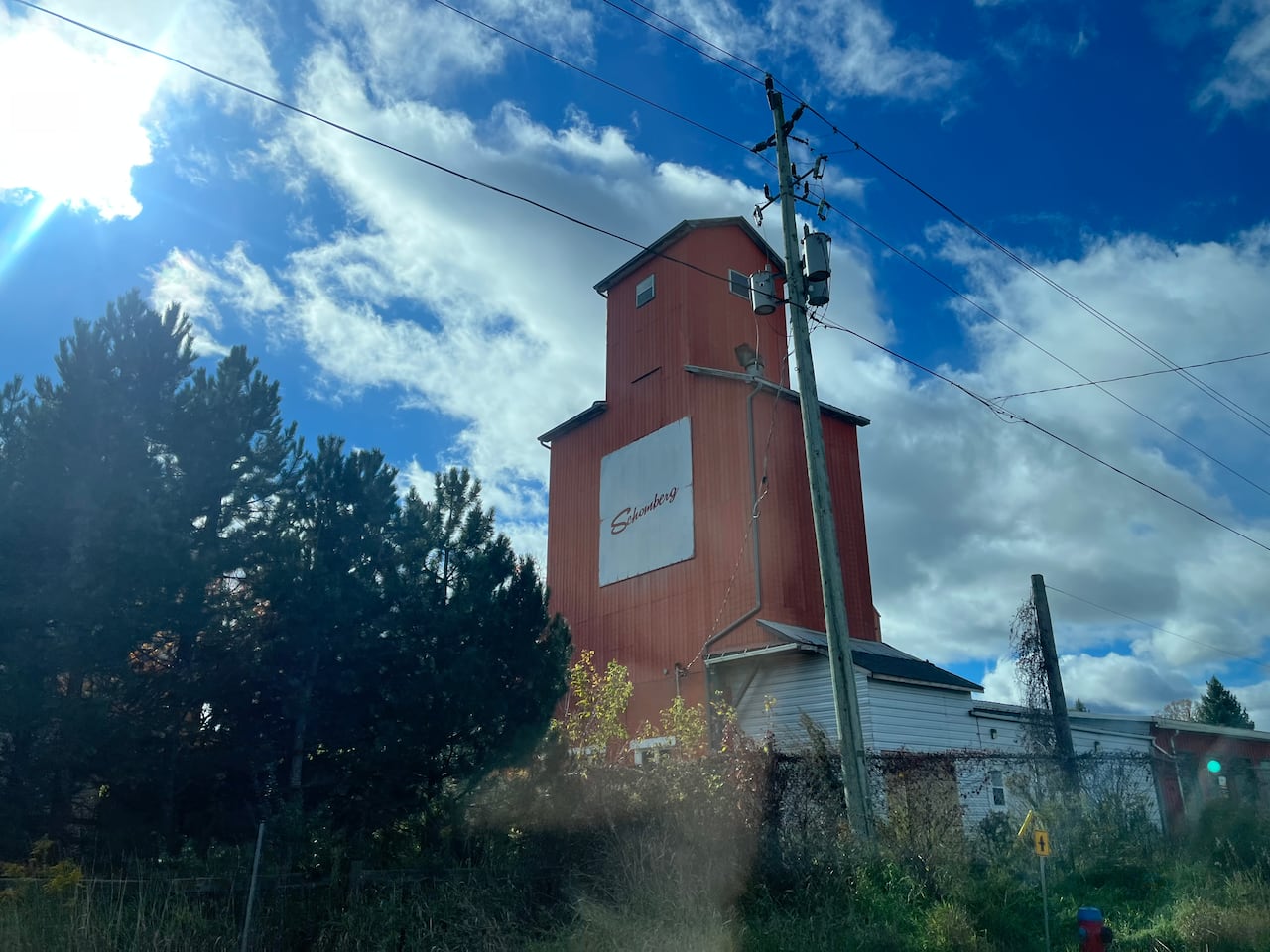 Red building with town name on side
