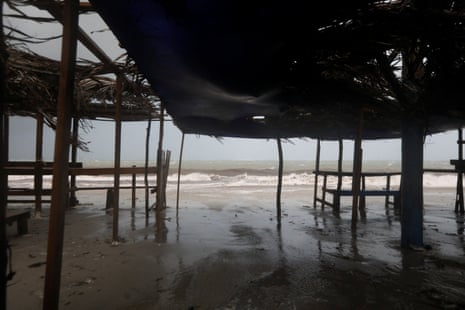 A structure stands on the sand ahead of Hurricane Melissa at Hellshire Beach in Jamaica.