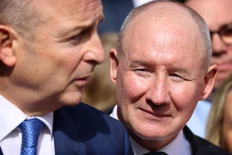 Presidential candidate Jim Gavin with Taoiseach Micheál Martin at the FF presidential candidate announcement. Photograph: Dara Mac Dónaill/The Irish Times