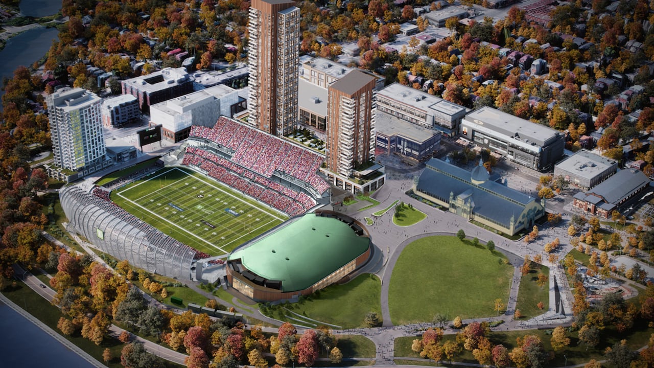 a drawing of the future lansdowne with a new arena, two towers, and new stands