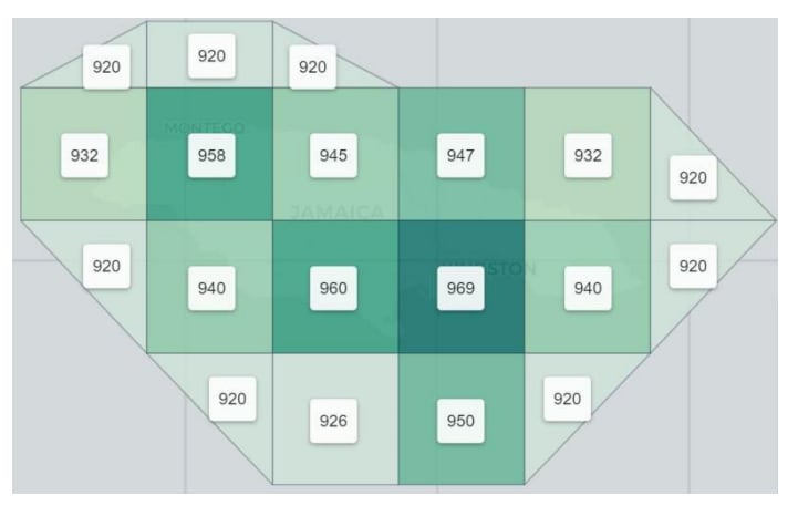 A map from the World Bank showing the triggers for Jamaica's catastrophe bond. The numbers show the central air pressure of a hurricane over different parts of Jamaica that need to be crossed in order to trigger a payout under the catastrophe bond.