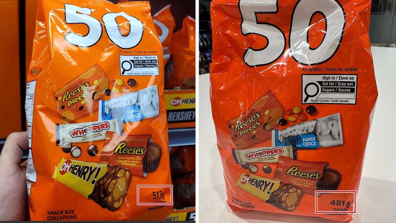 A 2024 and a 2025 Hershey's bag of 50 Halloween candy bars