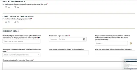 A screenshot of the website, asking for details about the alleged crimes.