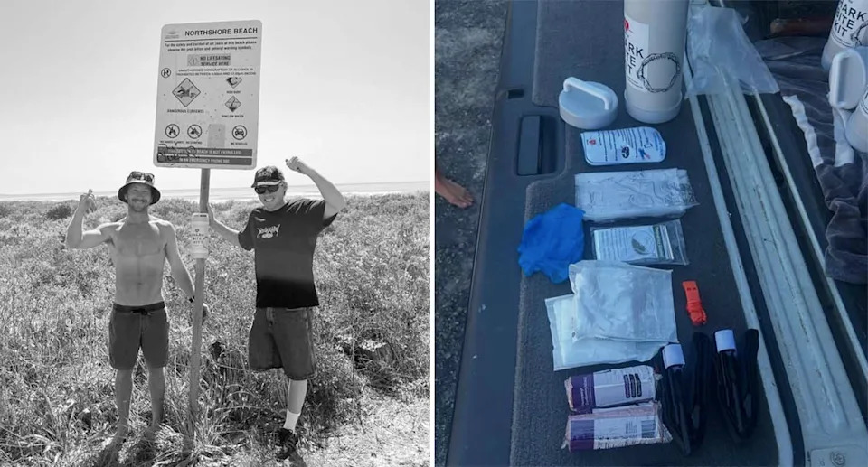 Danny Schouten and Kai McKenzie stand next to the first shark bite kit, installed in Port Macquarie in October 2024. 